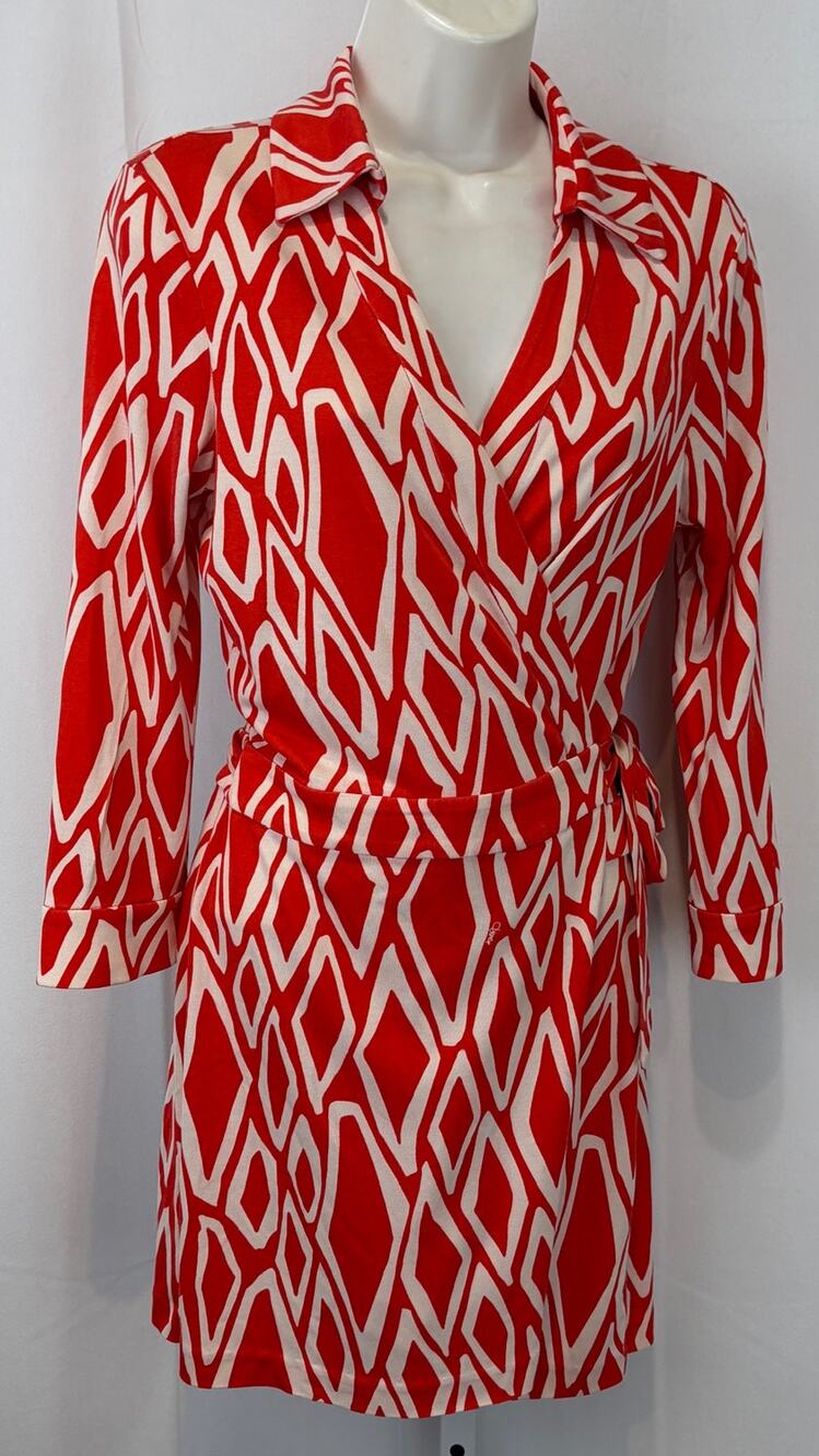 DIANE VON FURSTENBERG DVF Silk Celeste Romper Geometric Red Orange White 10